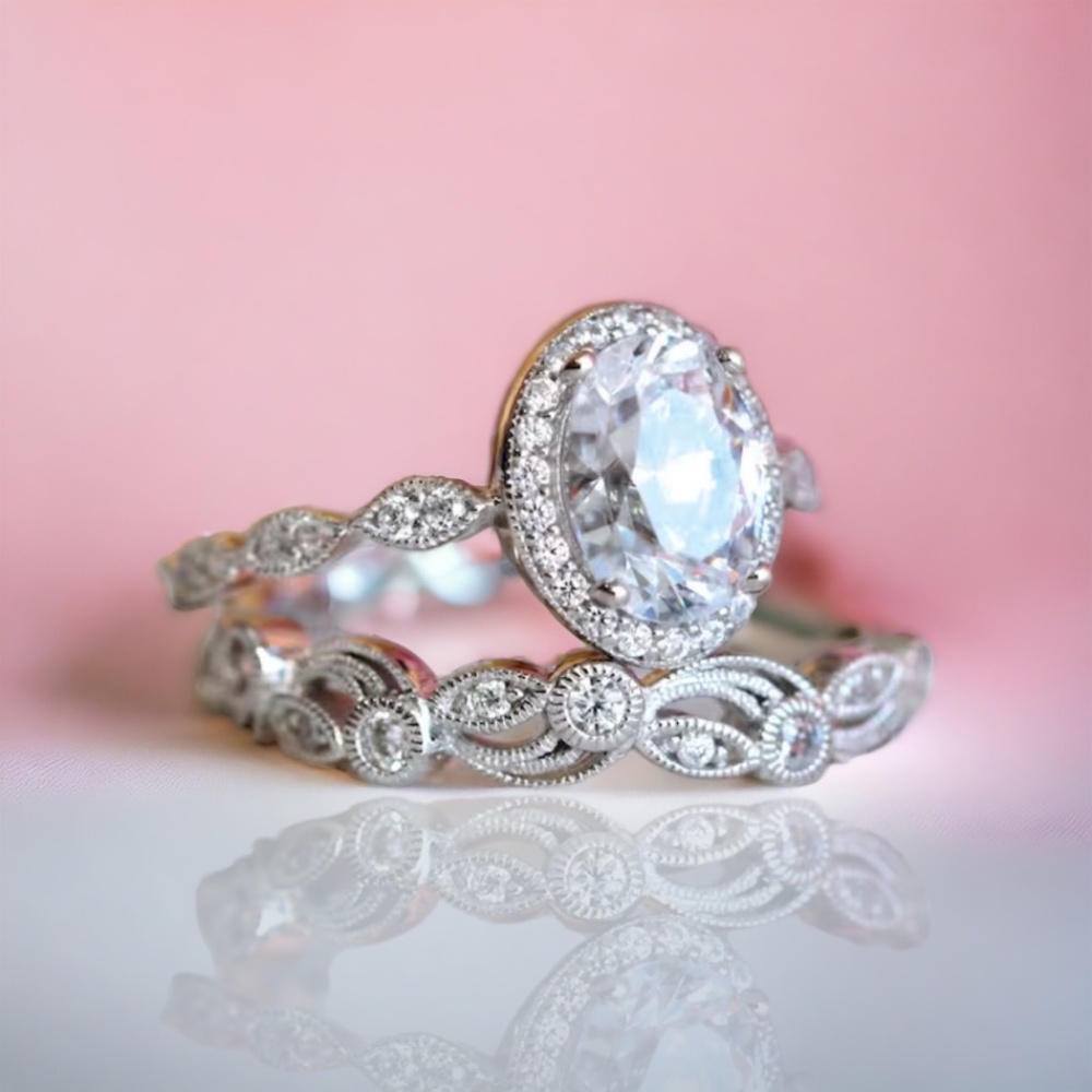 Handcrafted White Sapphire Engagement Ring Wedding Set Sterling Silver Size 6